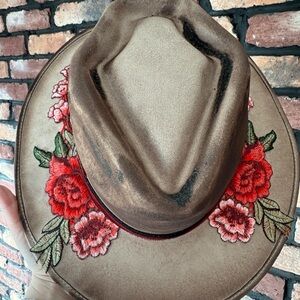 Red and Brown Floral Embroidered Hat with Wide Brim